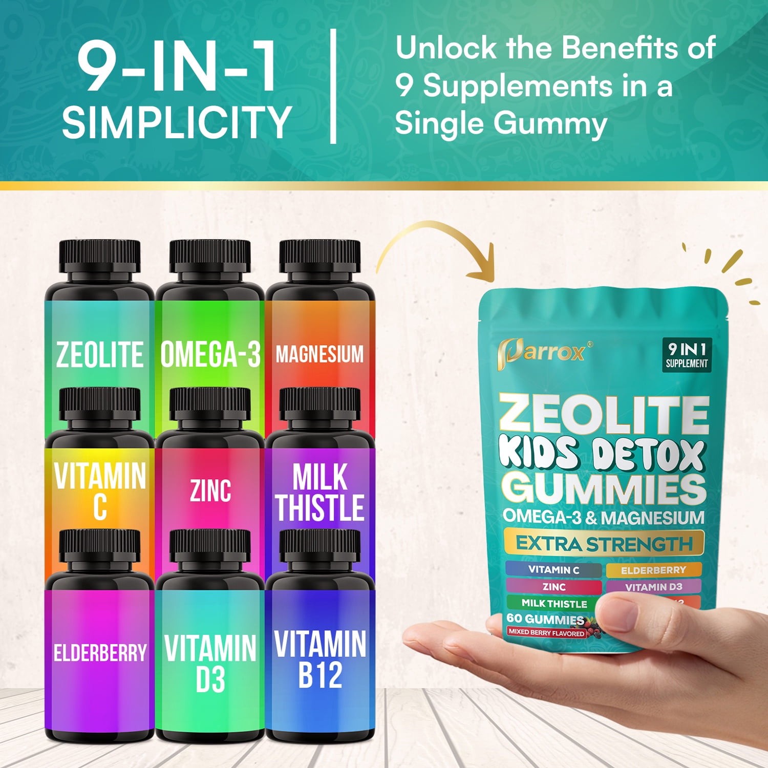 Parrox Zeolite Detox Gummies for Kids, Elderberry Extract 10mg, Kids Detox, Immune & Gut Health, Energy, Brain & Bone, Omega-3, D3, B12, Mixed Berry, 60 count