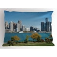 thumbnail image 1 of Detroit Pillow Sham Industrial City Center Shoreline River Scenic Panoramic View in a Sunny Day, Decorative Standard Size Printed Pillowcase, 26 X 20 Inches, Blue Green Silver, by Ambesonne, 1 of 2