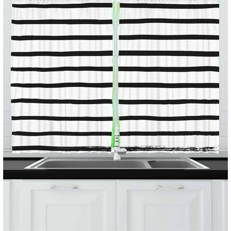 Modern Curtains 2 Panels Set, Abstract Minimalist Horizontal Paintbrush Stripes Bands Simplistic Artful Design, Window Drapes for Living Room Bedroom, 55W X 39L Inches, Charcoal Grey, by