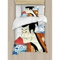 thumbnail image 3 of Kabuki Mask Duvet Cover Set Queen Size, Performer Portrait with Stylized Japanese Waves and Mount Fuji Illustration, Decorative 3 Piece Bedding Set with 2 Pillow Shams, Multicolor, by Ambesonne, 3 of 3