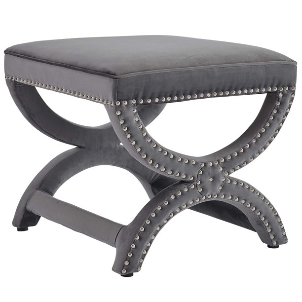 Upholstered Nailhead Trim Performance Velvet Ottoman, Gray Walmart