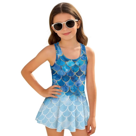 Binienty Mermaid Swimsuit For Girls 4-6 One Piece Swimdress Crew Neck Bathing Suit for Girls Criss Cross Quick Dry Swimwear Beach Gymnastics