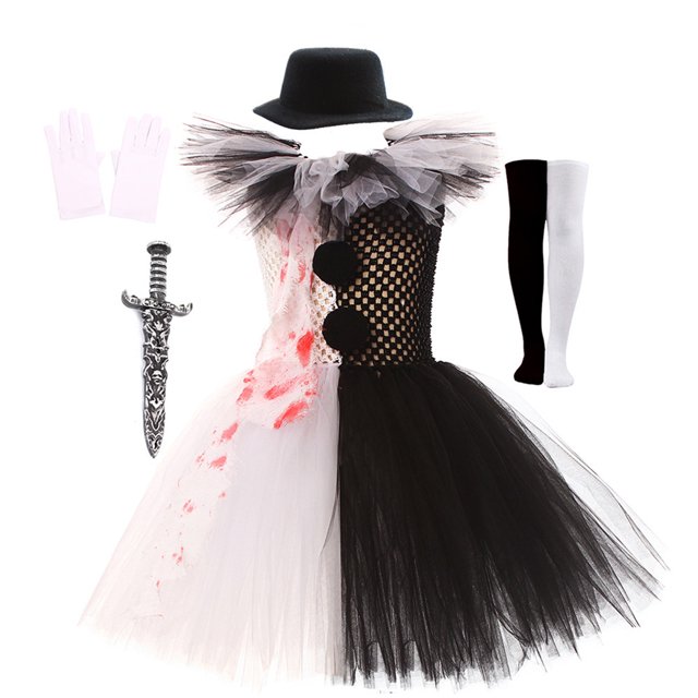 Ropa de Halloween para niños pequeños traje de payaso vestido de tul, cuchillo, calcetines, guantes y horquillas