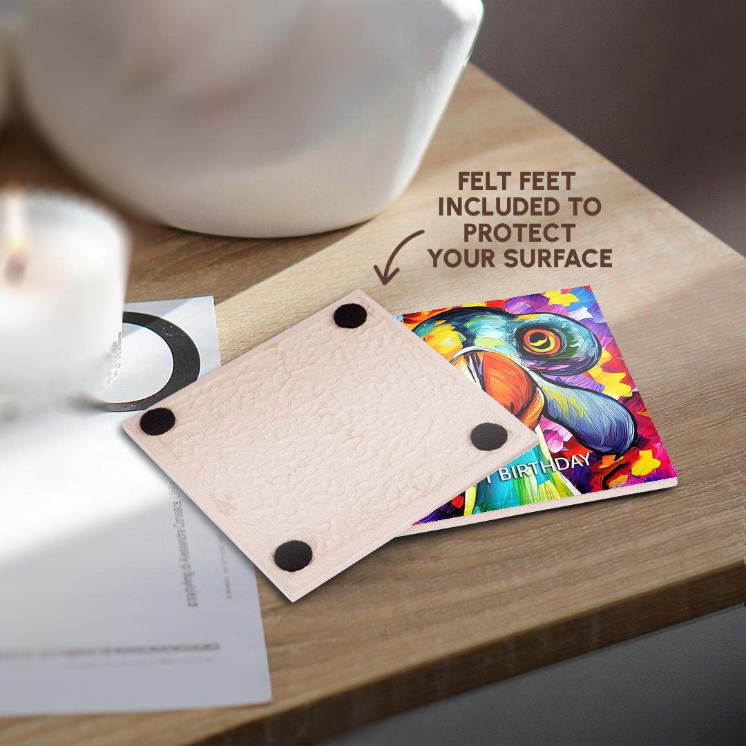 3drose, Happy Birthday. Colorful Dodo Bird Digital Art. Funny Greeting Card, Set of 8 Ceramic Tile Coasters