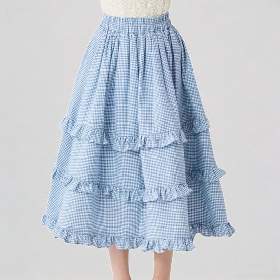 REDARER Girls' Plaid Tiered Ruffle Midi Skirt with Elastic Waist, Casual Comfortable Spring & Summer Kids Outfit,11-12 Years