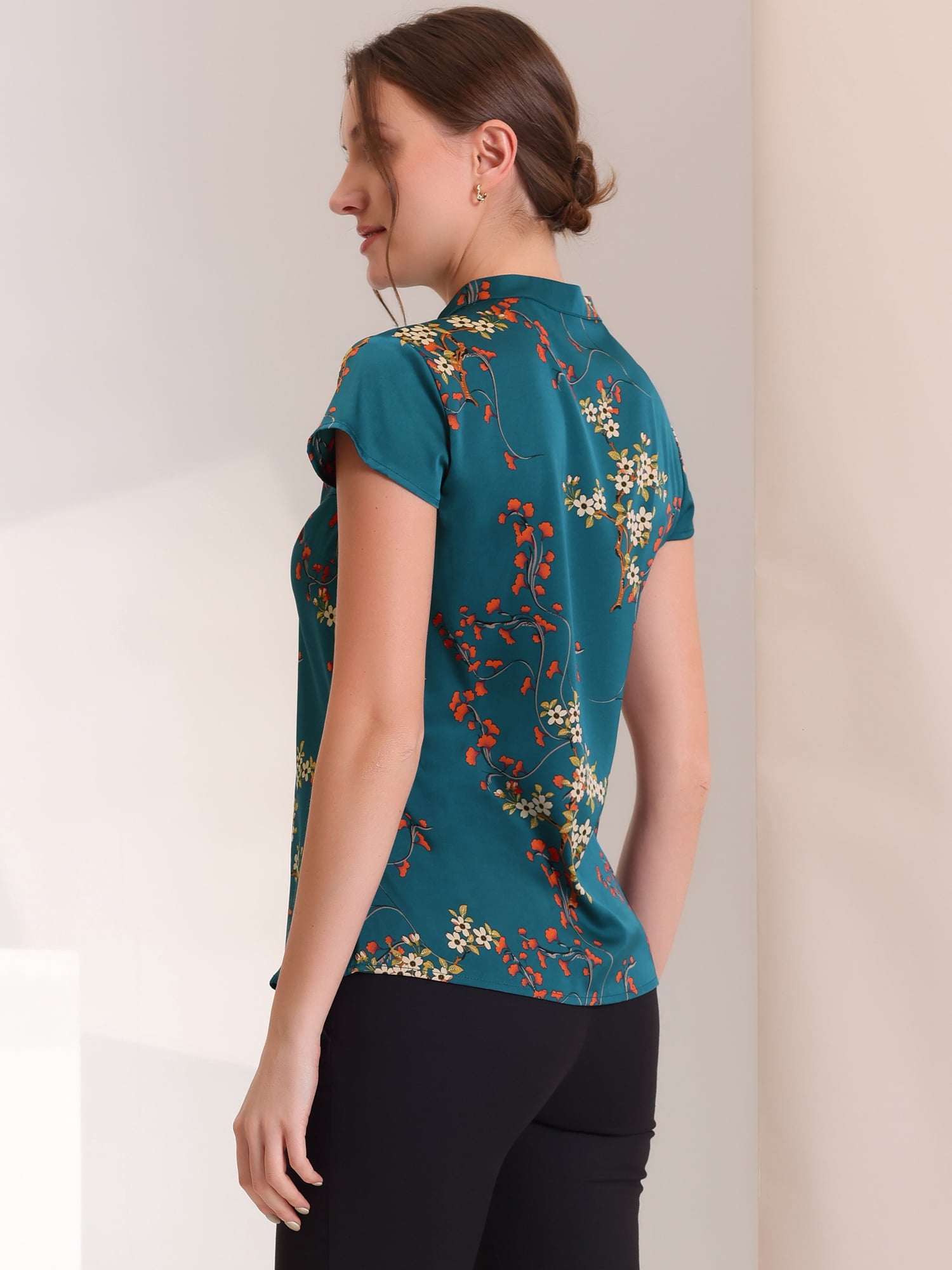 DARING DIVA Stand Collar Floral Silky Work Blouse Top Navy Blue XS M Navy Blue-Floral