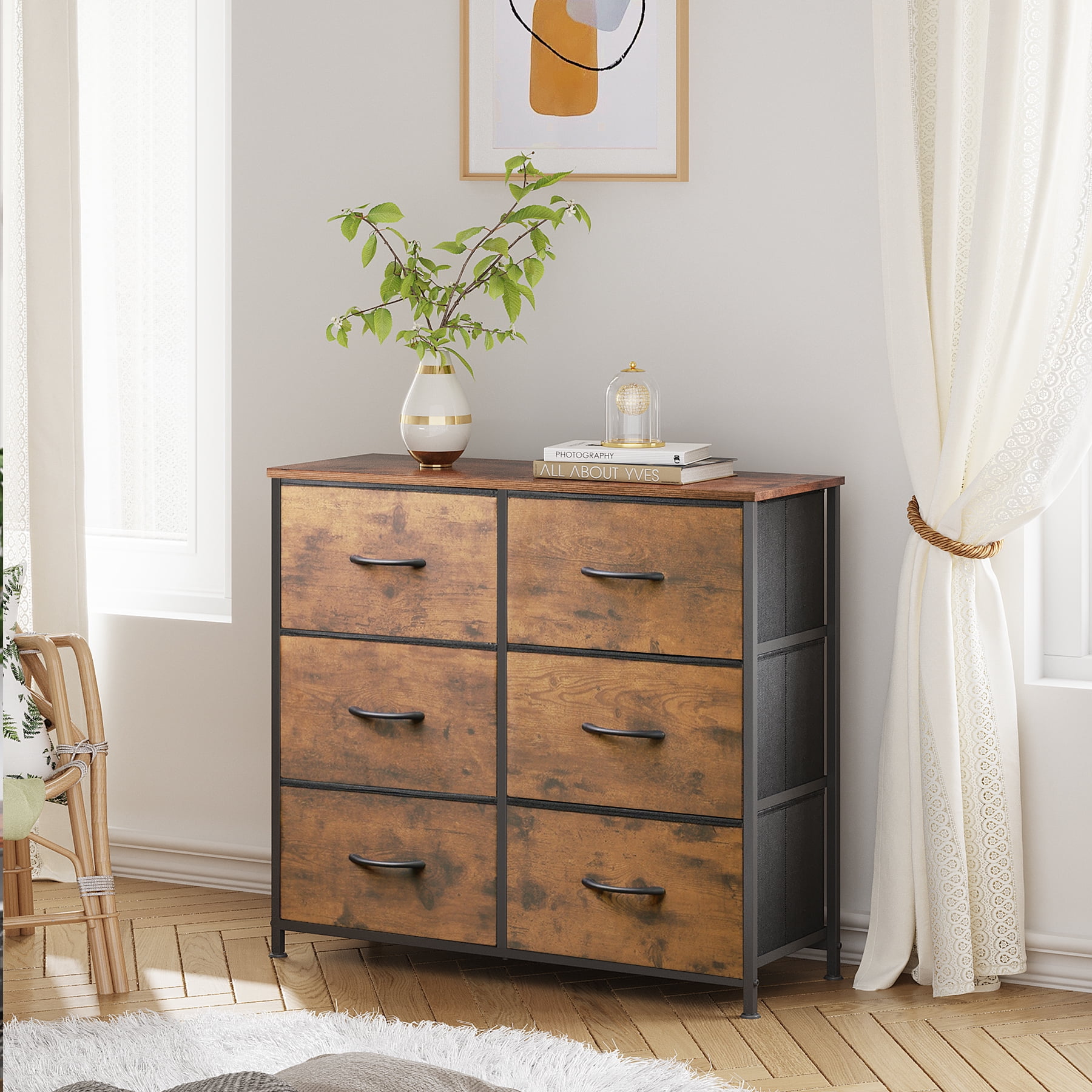 GALAXHERO 6 Drawer Dresser, Fabric Double Dresser, Storage Tower with Fabric Bins, Chest of Drawers for Bedroom, Closet, Living Room, Hallway, Rustic Brown Wood Grain Print