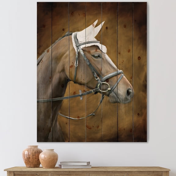 Designart 'Close Up Portrait Of Brown Horse With White Ears' Farmhouse Print on Natural Pine Wood