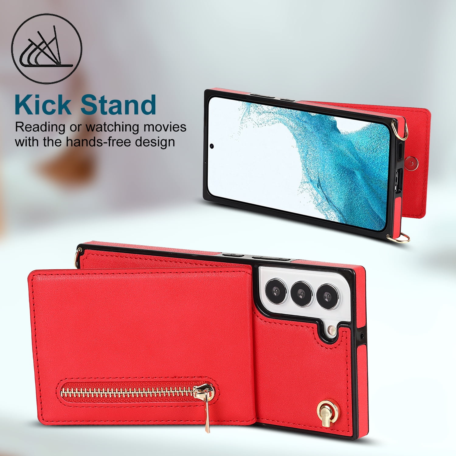 Dteck Flip Leather Wallet Case for Samsung Galaxy S24 Plus, Crossbody Wallet Case with Credit Card Holder Zipper Pocket Lanyard Shoulder Strap, Kickstand Phone Cover for Samsung S24 Plus,Red