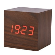 Ccdes 6x6x6cm en bois électronique numérique alarme horloge de bureau température affichage LED contrôle vocal, horloge numérique, réveil en bois