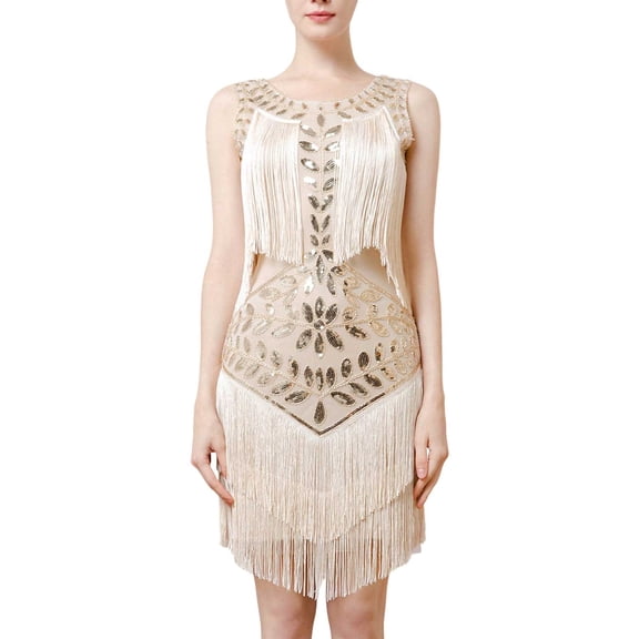 TAIAOJING 1920 Vintage Prom Sequins Gowns Vest Round Neck Plus Size Beaded Tassel Dresses