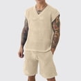 thumbnail image 2 of Men Crochet See Through 2 Piece Outfits Mesh Hollow Out V Neck Sleeveless Tank Top and Shorts Summer Fishnet Shorts Set for Beach Casual Breathable Khaki, 2 of 5