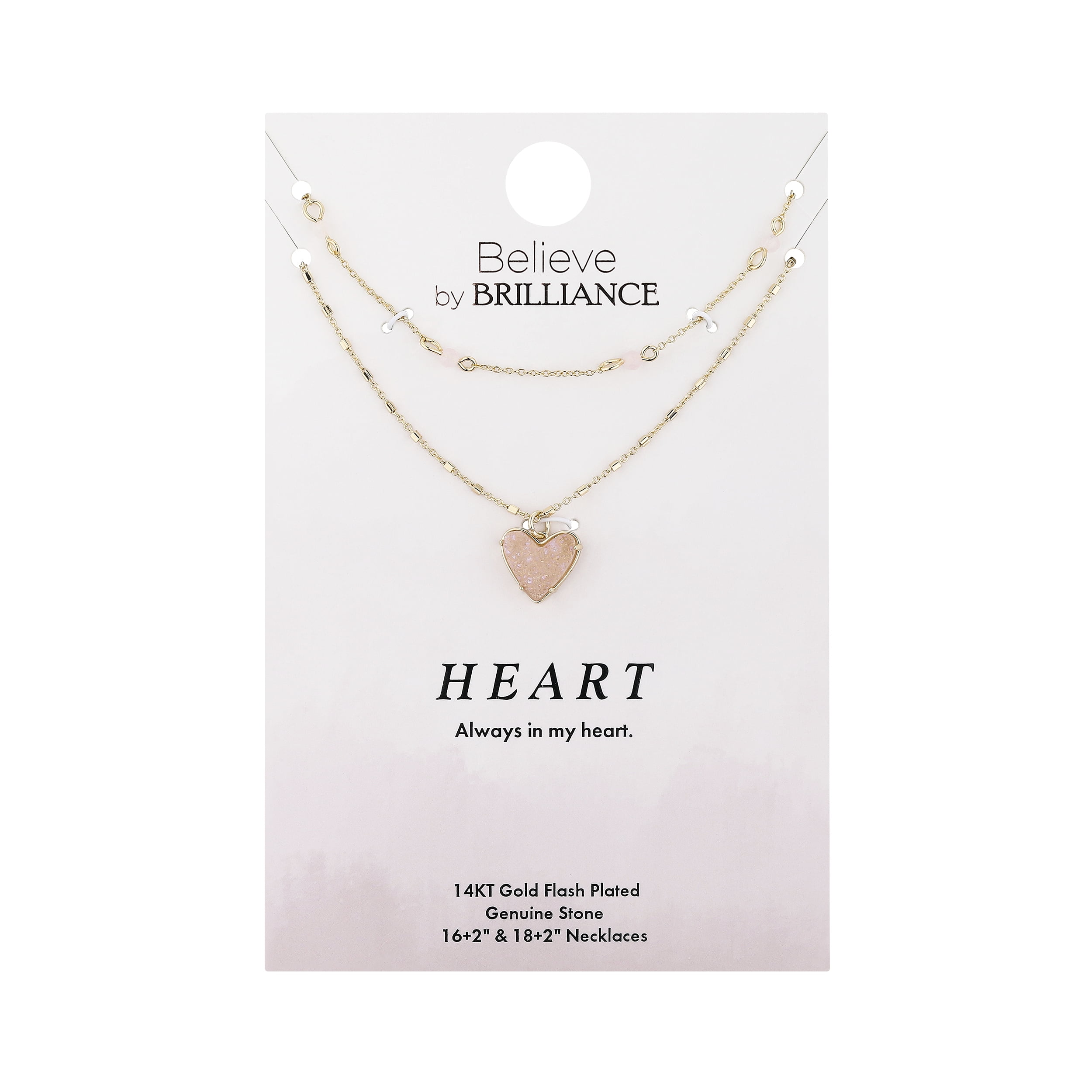 Believe by Brilliance Women's 14Kt Gold Flash-Plated Faux Pink Druzy Heart Layered Pendant Necklaces, 16+2", 18+2" Extender