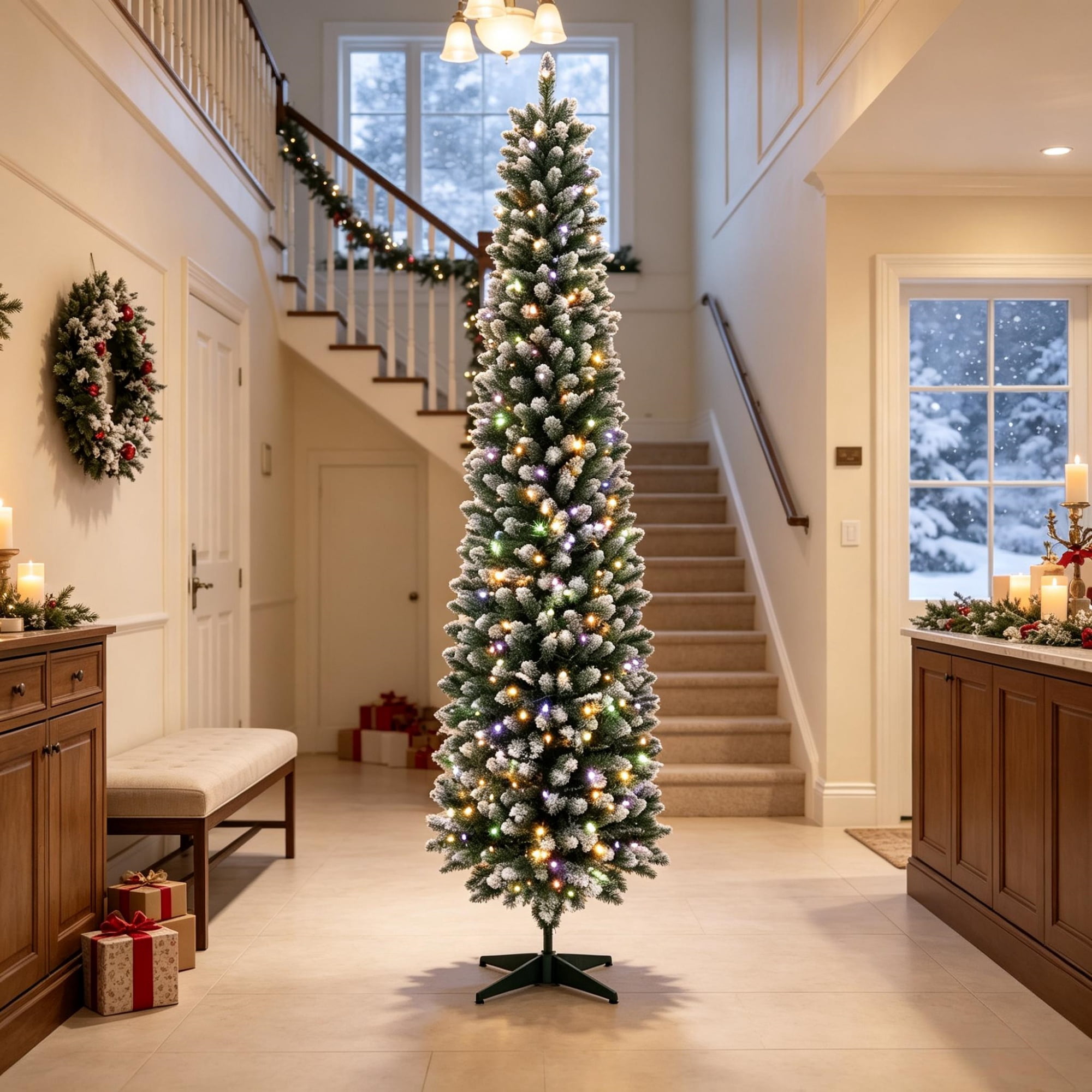 Pre-Lit Pencil Christmas Tree, 8 ft Slim Frosted Fir with 300 Dual-Color LED Lights, 11 Lighting Modes, Remote Control, 445 Branch Tips, PVC and Steel, for Small Rooms and Entryways