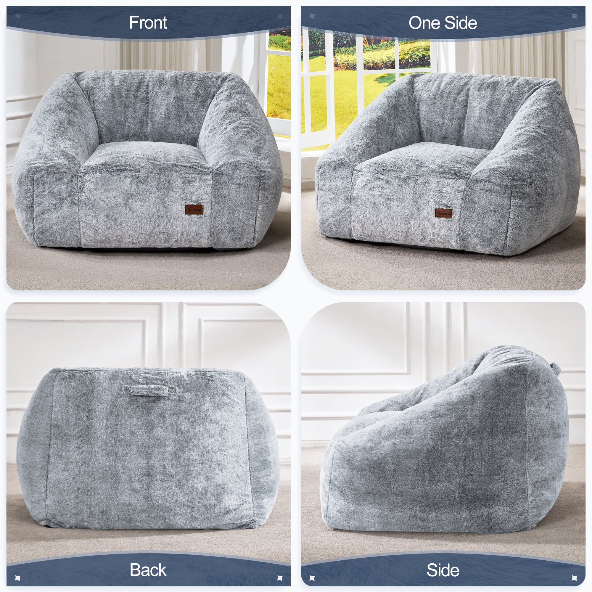 Hobestluk Oversized Bean Bag Chair for Adults with Filler, Large Cozy Reading Chair, Comfortable Lounge Chair for Living Room and Bedroom (Grey Two-Tone)