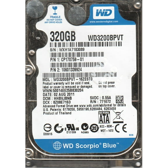WD3200BPVT-16ZEST0, DCM HHBVJBNB, Western Digital 320GB SATA 2.5 Hard Drive