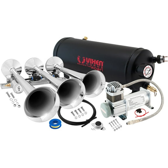 Vixen Horns Train Horn Kit for Trucks/Car/Semi. Complete Onboard System- 150psi Air Compressor, 1.5 Gallon Tank, 3 Trumpets. Super Loud dB. Fits Vehicles like Pickup/Jeep/RV/SUV 12v VXO8115/3118