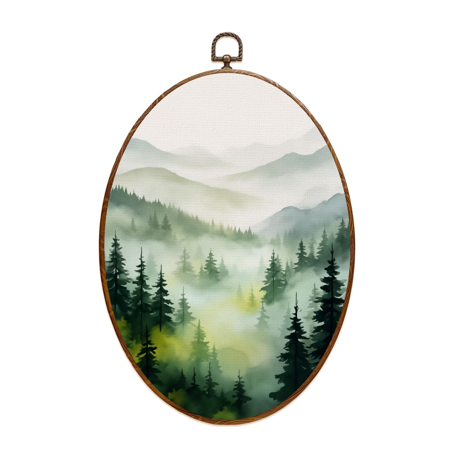 Woodland Canvas Wall Art Misty Forest Landscape Mountains Evergreen Trees Oval Framed Canvas Prints Vintage Wall Hanging Decor for Home Decorations 8.6 x11.4