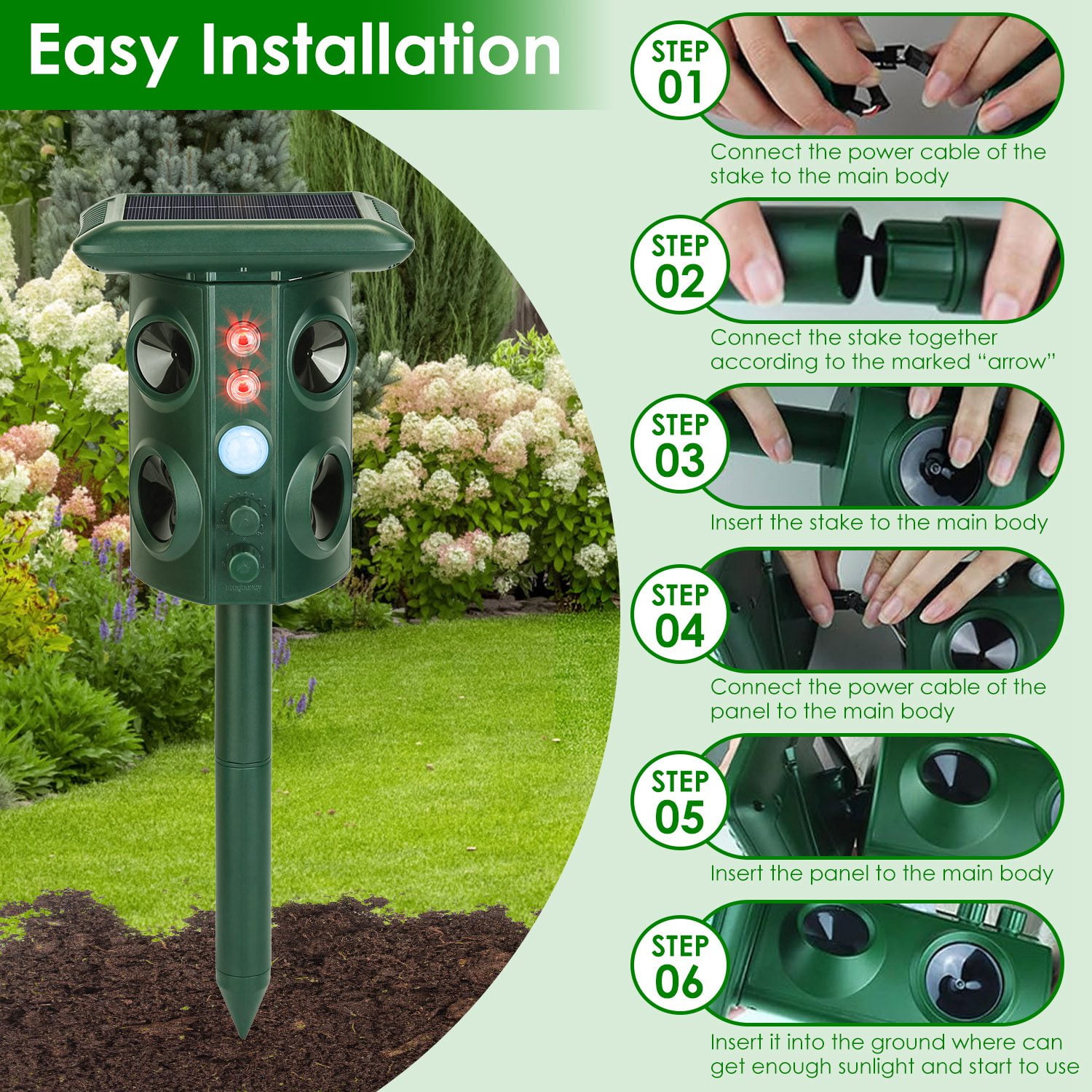 Imountek Solar Ultrasonic Animal Repeller, Garden Animal Chaser with PIR Motion Sensor IP65 Waterproof Sound Flashing Light for Deer Raccoon Squirrel Mice Snakes Cat Dog