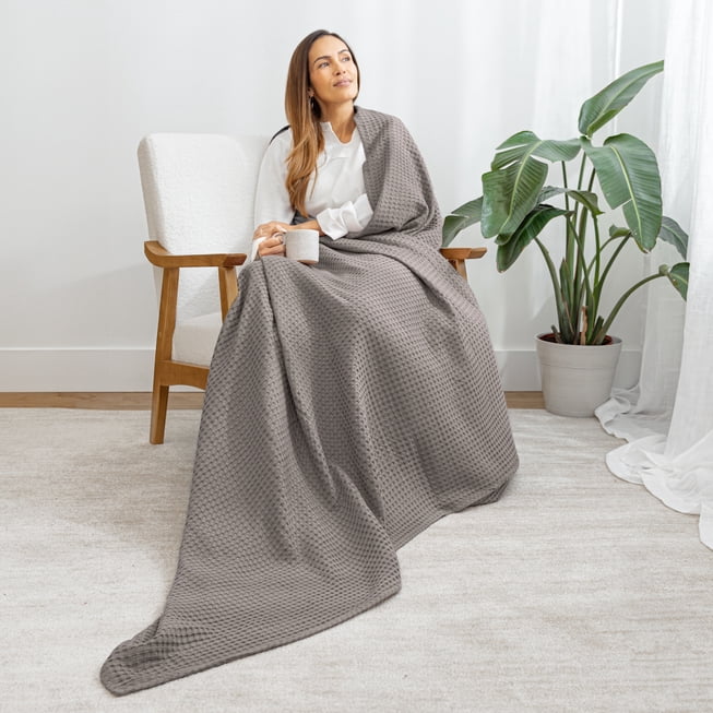 Comfy Cubs 100% Cotton Waffle Weave Blanket - Soft Lightweight Blankets (Charcoal, 90" X 90")