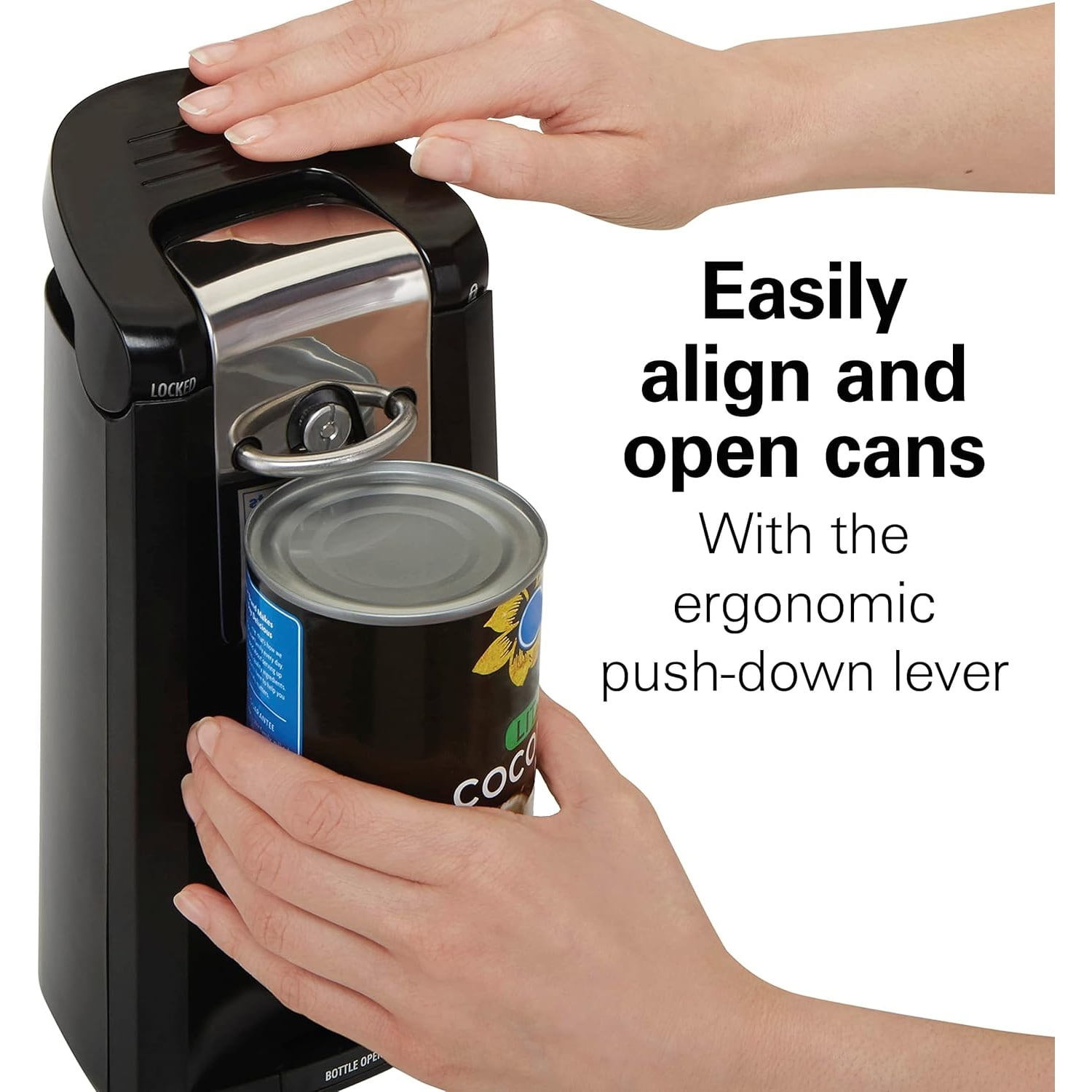 Smooth Touch Electric Automatic Can Opener Easy Push Down Lever, For All Standard-Size and Pop-Top, Extra Tall, With Bottle Opening Accessory and Built-In Knife Sharpener, Black