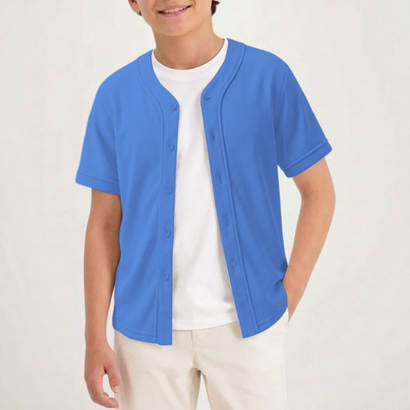 UACY Boys Baseball Jersey Button Down Blank Solid Color Short Sleeve Shirts Hipster Hip Hop Active Team Sports Uniforms (Blue, 6-7 Years)
