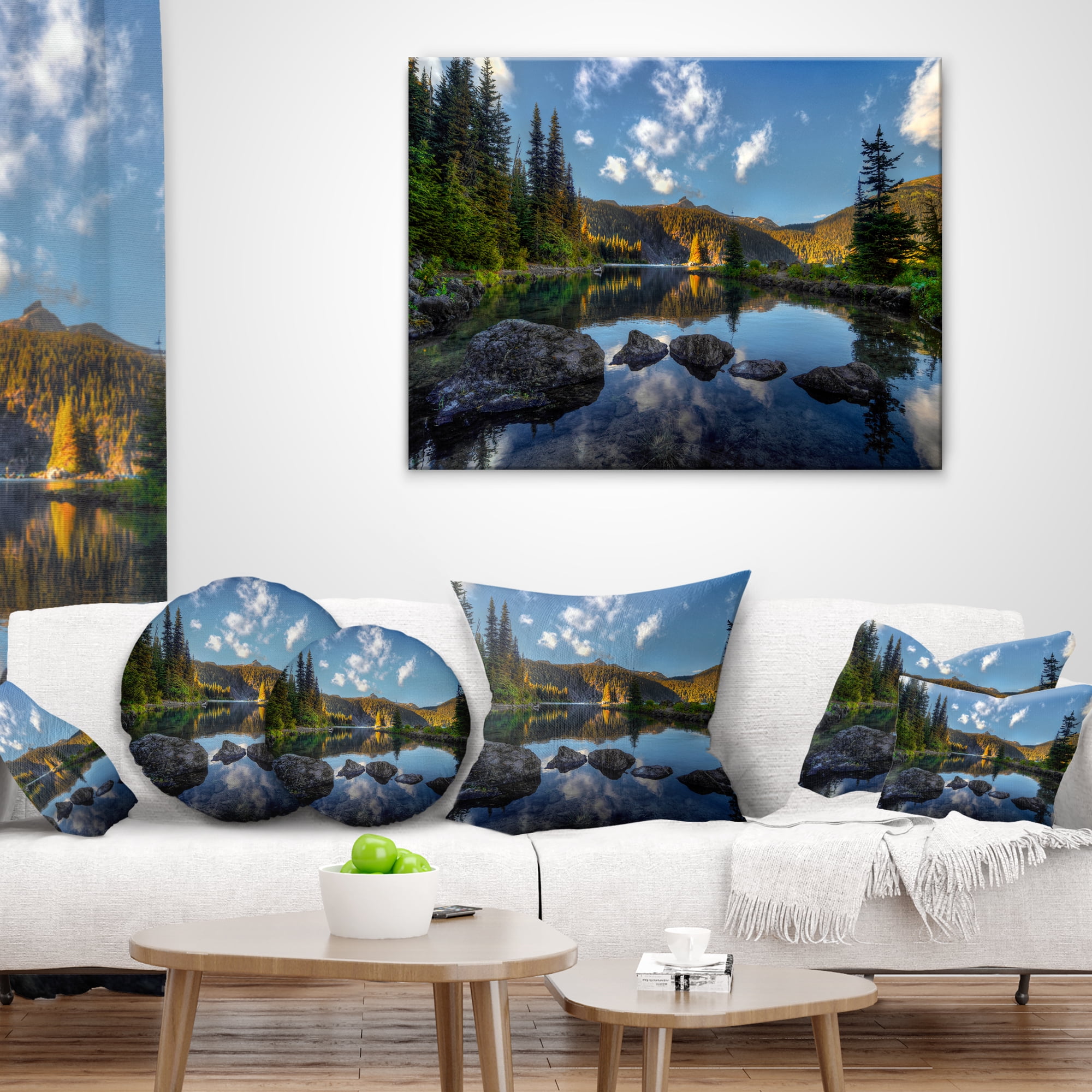 Designart Mountain Lake Surrounded by Trees - Landscape Printed Throw Pillow - 18x18