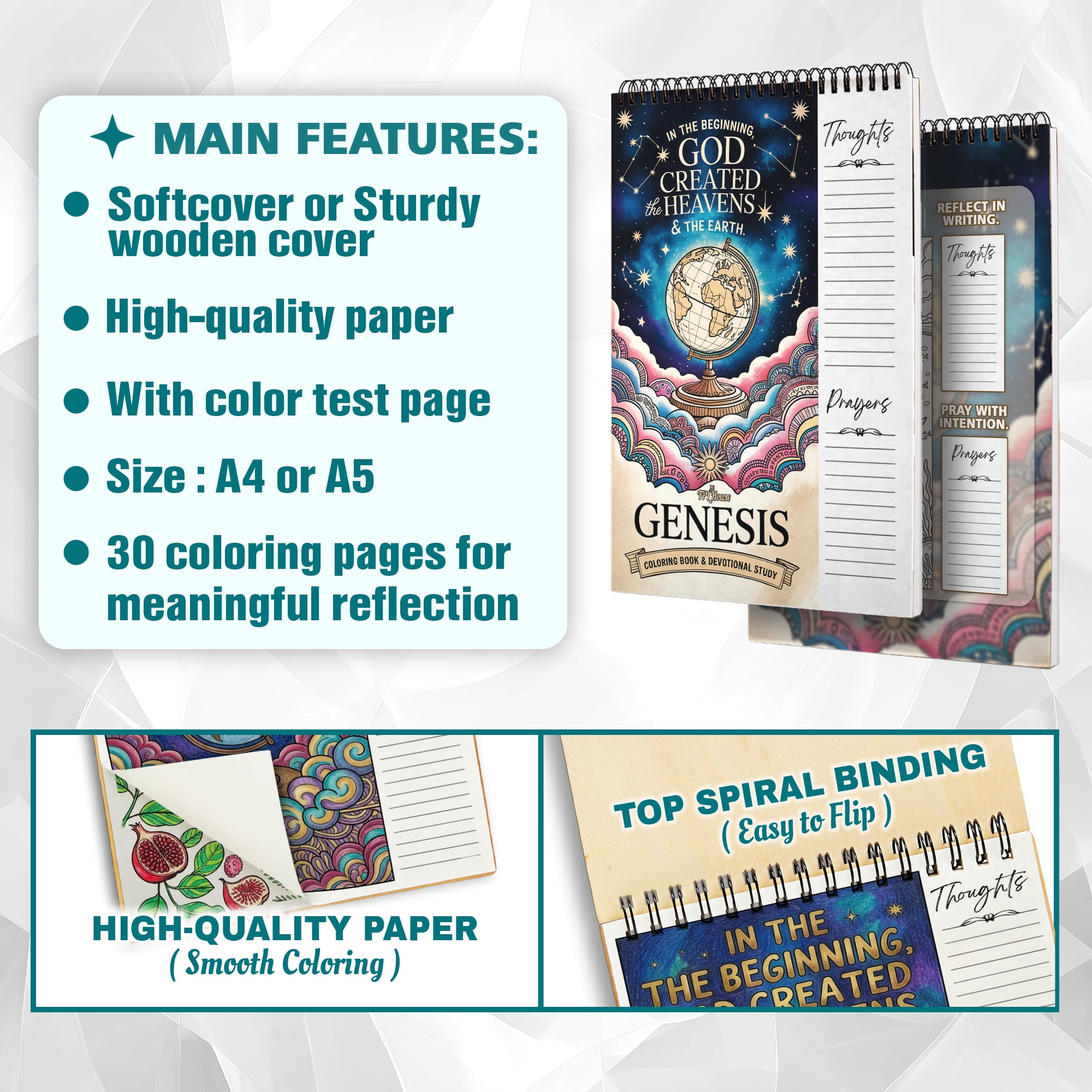 Genesis Coloring Book for Adults, 30 Minimalist Scripture Art Pages with Reflection & Prayer Space, Spiral Bound, A4 or A5 Softcover or Wood Cover