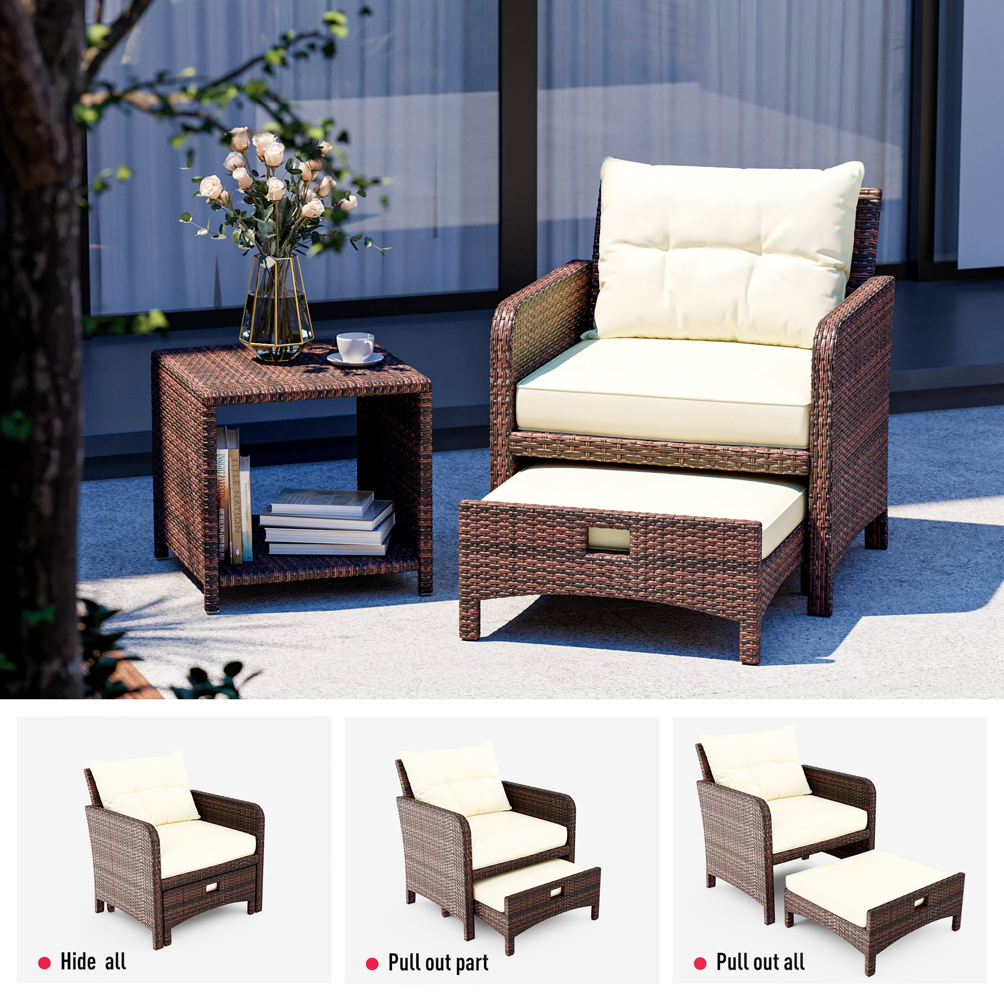 PAMAPIC 5 Pieces Wicker Patio Furniture Set Outdoor Patio Chairs with Ottomans (Beige)