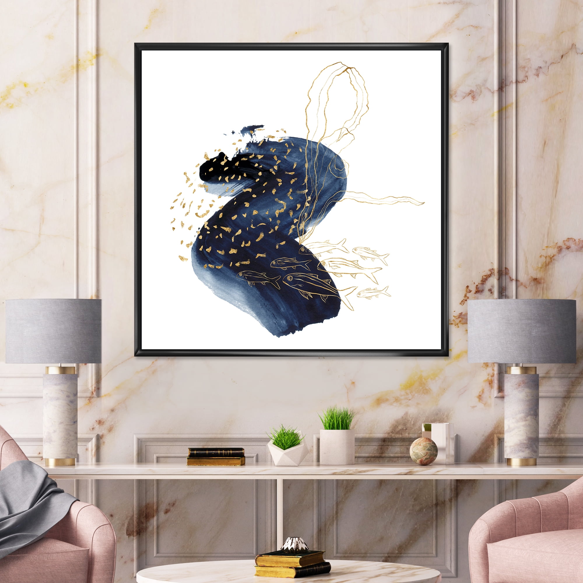 Designart 'Underwater Marine Life Classic Blue Square ' Farmhouse Framed Canvas Wall Art Print
