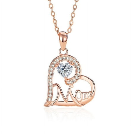S925 Sterling Silver Mom Necklace with Synthetic Cubic Zirconia, Heart Pendant Necklace Mothers Day Jewelry Gifts for Mom Grandma, Gold