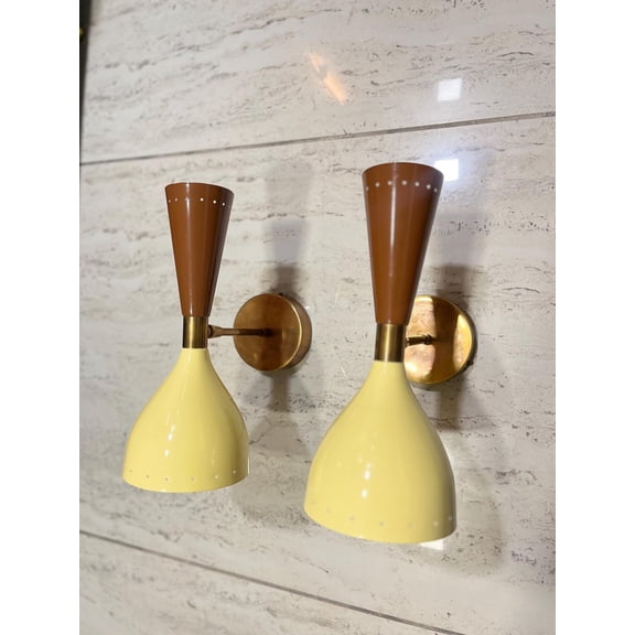 Mid Century Modern Double Cone Wall Sconce Pair Brass Yellow Retro Light