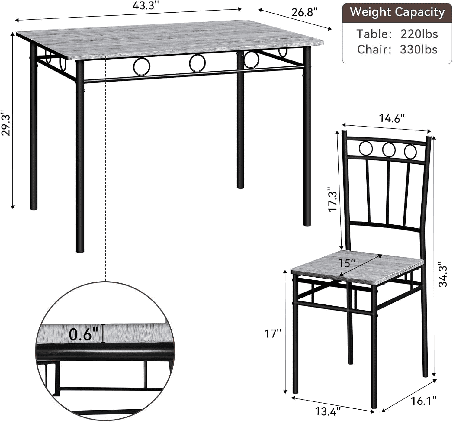Vipbear 5-Piece Kitchen Table and Chairs, Rectangular Dining Room Table Set with 4 Chairs, Space-Saving Kitchen Table Set for Small Space,Dinette,Apartment