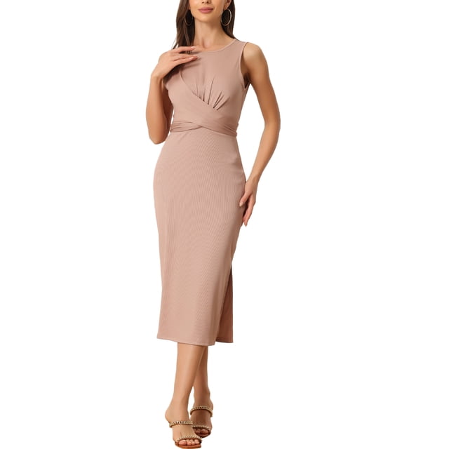 INSPIRE CHIC Robe Midi Sans Manches Décontractée pour Femmes, Taille Croisée, Khaki m