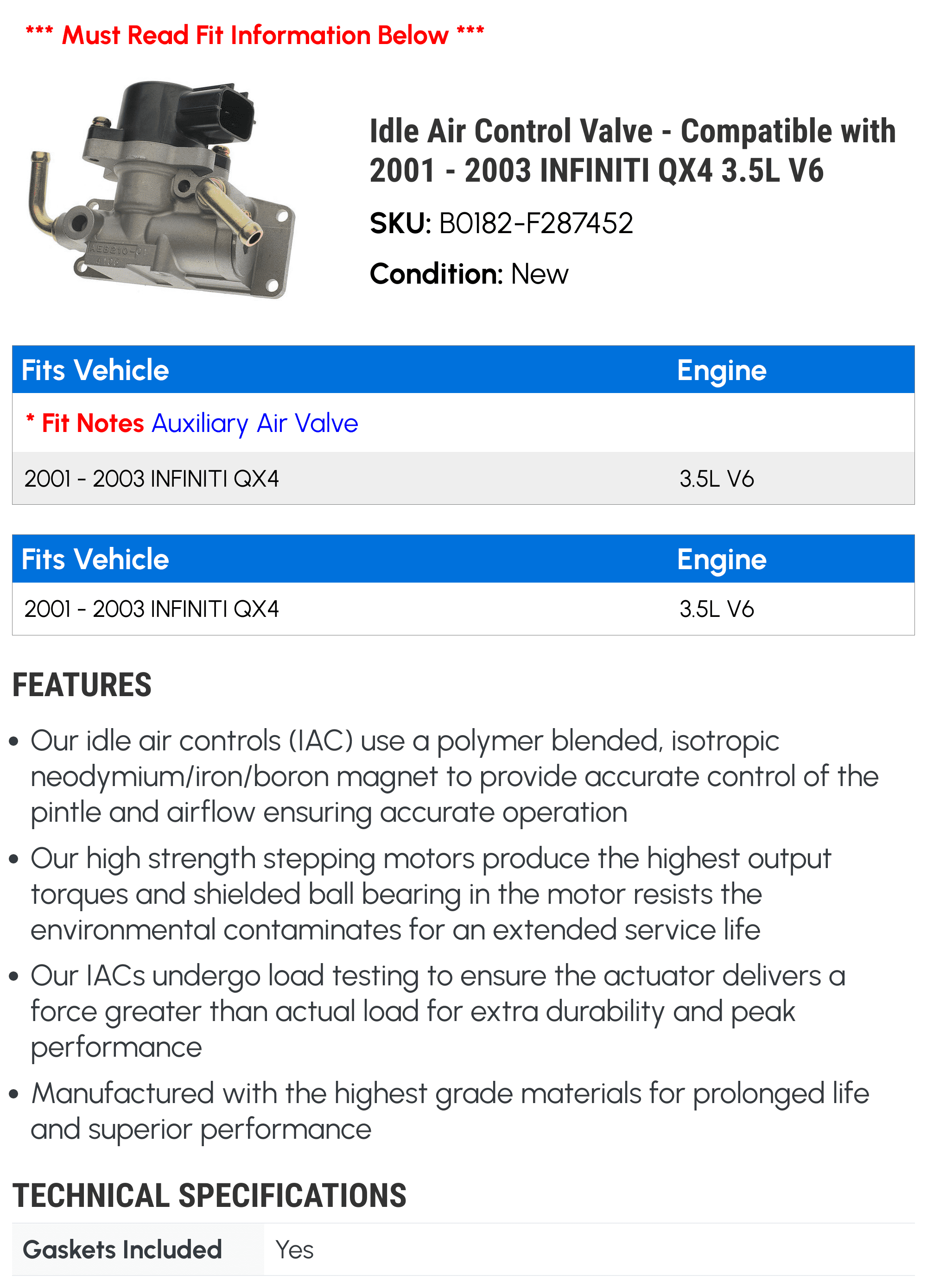 Idle Air Control Valve - Compatible with 2001 - 2003 INFINITI QX4 3.5L V6 2002