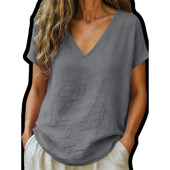 Gamivast Linen Womens Linen Shirts Loose Fit V-Neck Casual Summer Tees Short Sleeve Basic Tunic Tops Solid Color Pocket Daily Wear Outfits