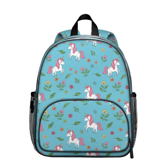 Unicorn and Flower Blue Pattern Backpack for School, Cute School Bag with Adjustable Shoulder Straps and Padded Back, 13.8"x11.4"x6"