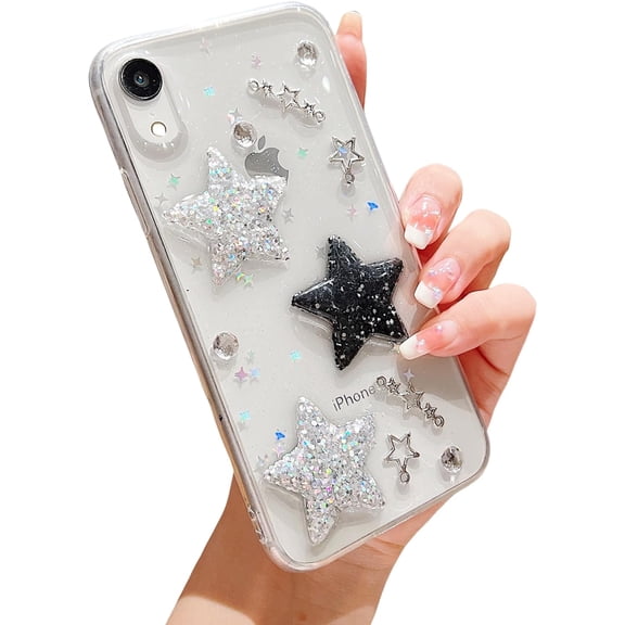 Compatible with iPhone X/XS Case for Women Girls,Cute Glitter 3D Stars Crystal Pearl Bling Case Sparkle Sparkly Slim Soft TPU Protective Cover for iPhone X/XS
