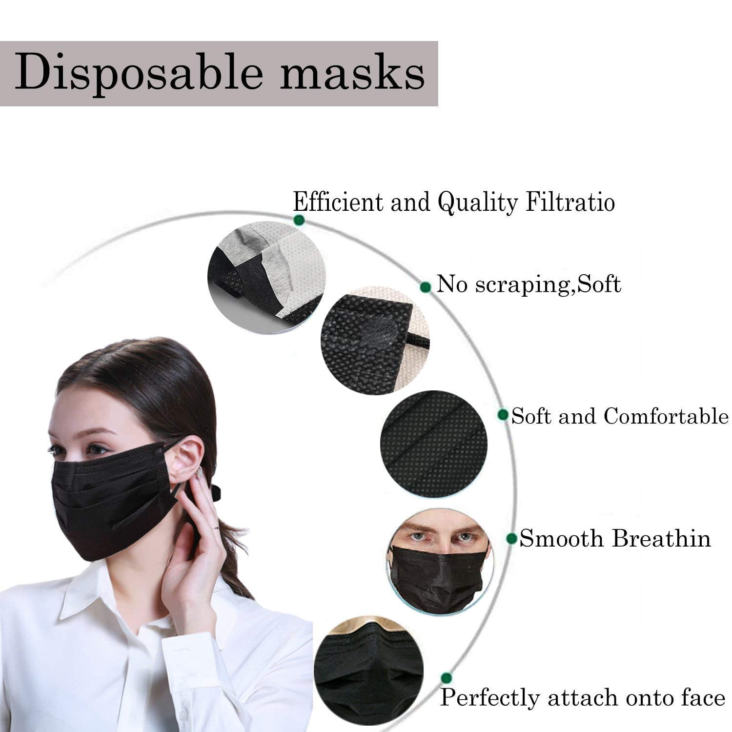 JJEAN-120 Pack Disposable Face Masks with Elastic Ear Loop, 3 Ply Breathable (Black)