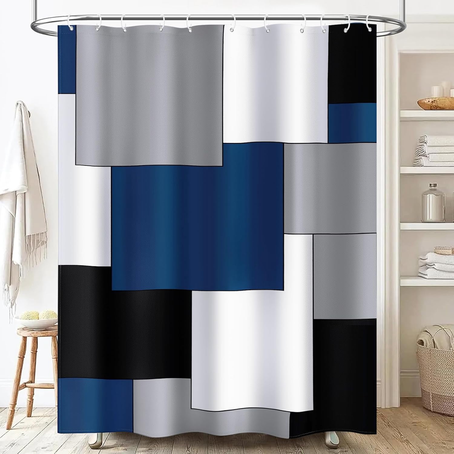 Blue Mens Shower Curtain Modern Bathroom Navy Blue Accessories Decor Black and Gray Shower Curtain Set with 12 Hooks 72x72 Inches