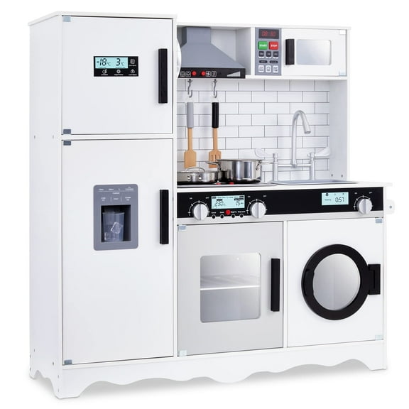 Lil' Jumbl Large Kids Kitchen Set, Wooden Pretend Play Kitchen with Range Hood & More - White