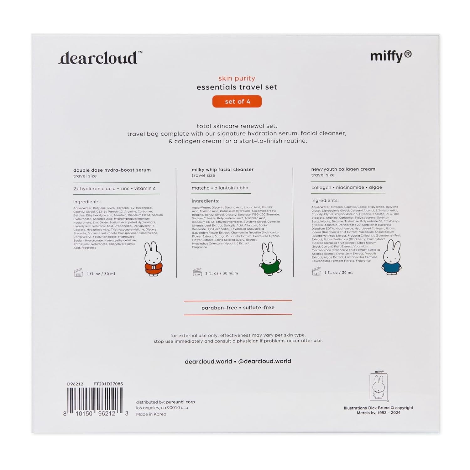 dearcloud x Miffy Skin Purity Essentials Travel Set of 4 ($55 Value) - Korean Skin Care Travel Set – Hydrating Korean Skin Care Travel Essentials Set with Cosmetic Bag