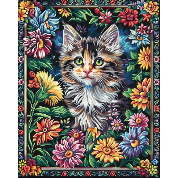 A Cute Cat Surrounded by Colorful Flowers DIY 11CT Stamped Cross Stitch Kits for Beginners Easy Needlepoint Embroidery Counted Cross Stitch Art Craft for Wall Decoration 12x16inch(1)