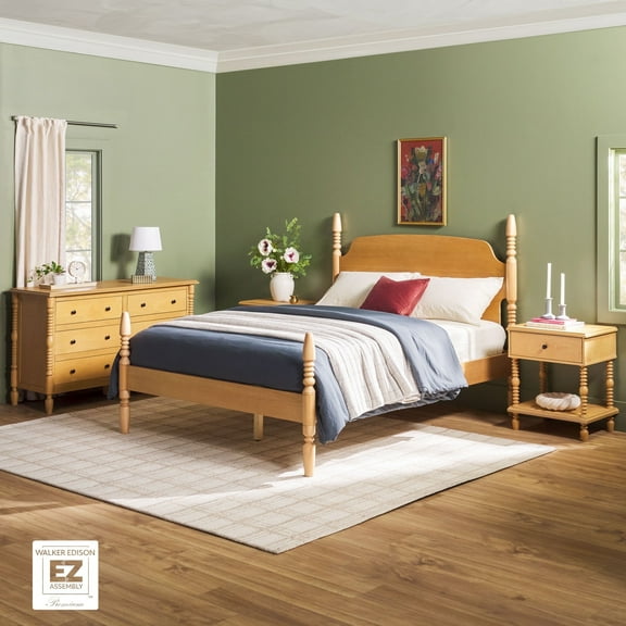 Walker Edison Vivienne Easy Assembly 4-Piece Solid Wood Bedroom Set with Queen Bed Frame, Two 1-Drawer Nightstands and 6-Drawer Dresser - Natural