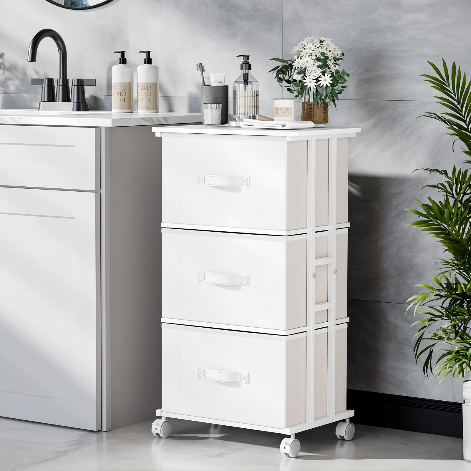 BEAUTYPEAK 3 Drawer Rolling Fabric Dresser Mobile Nightstand Storage Cabinet with Lockable Casters for Bedroom Closet Office, White