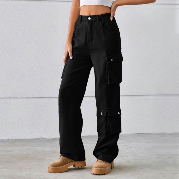 uublik Womens Cargo Jeans Straight Leg Jeans Casual High Waist Baggy Denim Cargo Pants with Pockets, Black