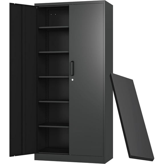 CQAOE Metal Storage Cabinet with Doors & Adjustable Shelves, 71” Tall Locking Garage Storage Cabinet for Office, Home, Utility Room, Workshop – Black