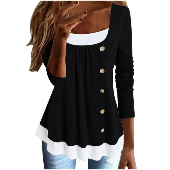 XFLWAM Long Sleeve Shirts for Women Fake Two Piece Hide Belly Tunic Dressy Casual Button Down Blouse Flowy Tops for Legging Black M