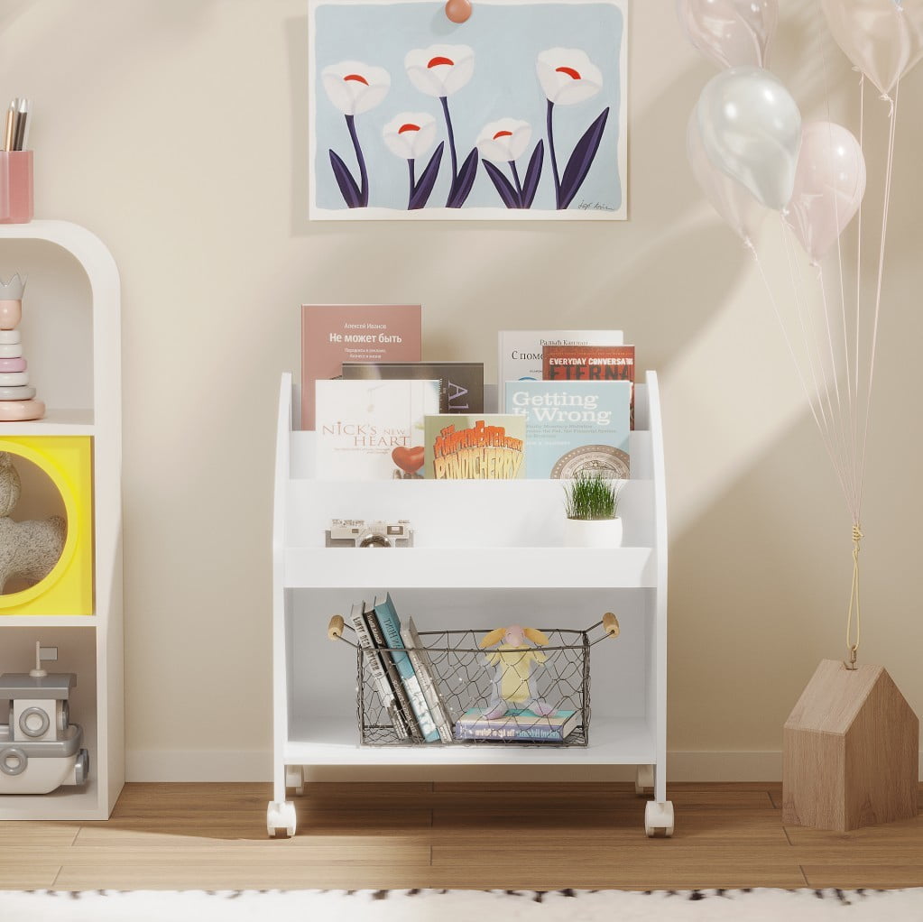 Kids Bookshelf with Wheels, 3-Tier Front-Facing Bookcase, Rolling Book Organizer with 360° Lockable Casters, MDF Storage Shelf for Nursery, Bedroom & Playroom