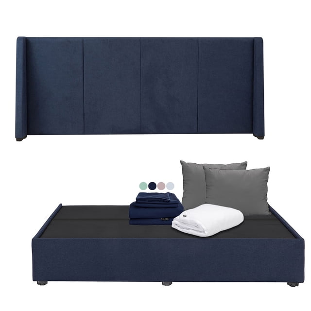 Box Base Cama King Size + Cabecera Milan Dicasa Azul Marino + Almohada 2Pack + Protector Cloud + Sábanas Softy